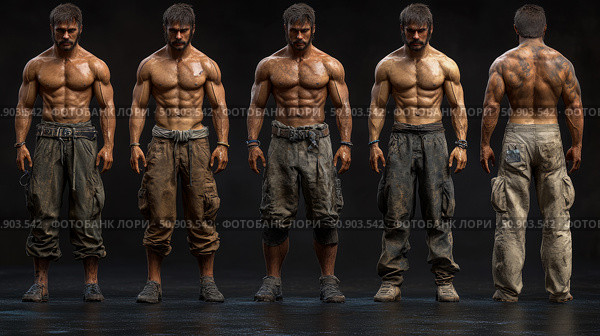 Multiple standing muscular survivalist man characters in varied post-apocalyptic attire. Стоковое AI-изображение, AI-художник Данила Большаков / Фотобанк Лори