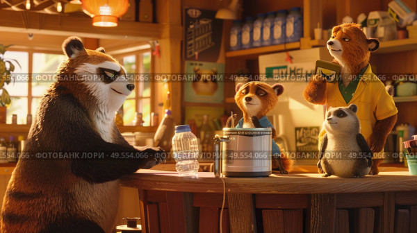 Multiple stuffed animals standing on a counter indoors. Стоковое AI-изображение, AI-художник Данила Большаков / Фотобанк Лори