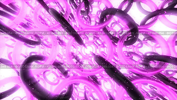 Multitude of 3d rings rotate in chains radiating colored light. Стоковая иллюстрация, иллюстратор David Kashakhi / Фотобанк Лори