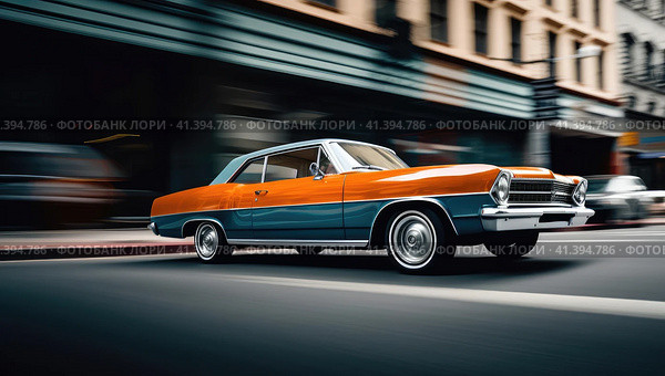 Muscle car rides around the city. Стоковое AI-изображение, AI-художник Кирилл Черезов / Фотобанк Лори