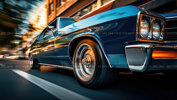 Muscle car rides around the city. Стоковое AI-изображение, AI-художник Кирилл Черезов / Фотобанк Лори