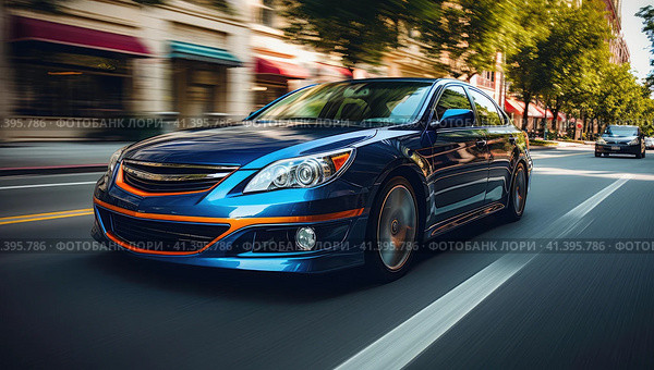 Muscle car rides around the city. Стоковое AI-изображение, AI-художник Кирилл Черезов / Фотобанк Лори