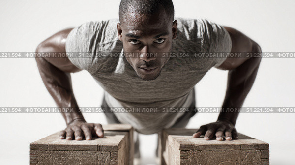 Muscular athlete performing push ups on wooden blocks, displaying powerful core strength and fitness dedication within gym environment, embodying athletic conditioning. Стоковое AI-изображение, AI-художник Юрий Поздников / Фотобанк Лори