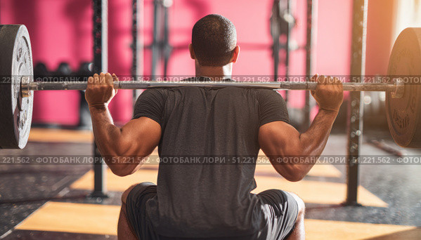 Muscular athlete performing weighted squats, holding heavy barbell across shoulders during intense strength workout in contemporary fitness facility, demonstrating physical discipline. Стоковое AI-изображение, AI-художник Юрий Поздников / Фотобанк Лори