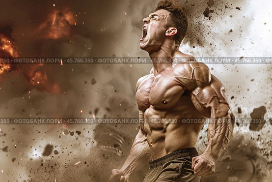 Muscular man roaring amidst explosive background in dynamic action scene. Стоковое AI-изображение, AI-художник Zakharova Natasha / Фотобанк Лори