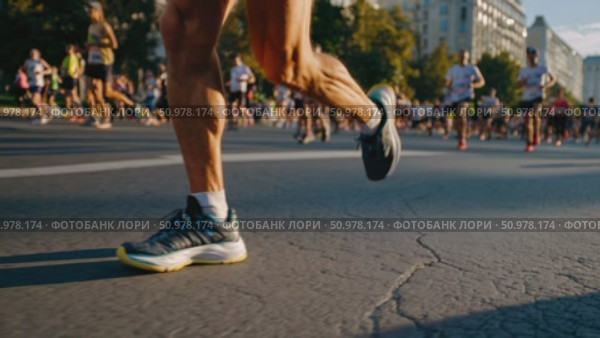 Muscular marathon runner sprinting through urban street, surrounded by competing athletes, embodying intense physical endurance and competitive spirit during city race. Стоковое AI-видео, аниматор Данил Руденко / Фотобанк Лори