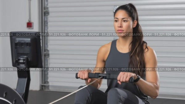 Muscular woman training hard on rowing machine, displaying intense physical strength, core muscle power, and dedicated fitness commitment. Стоковое AI-видео, аниматор Юрий Поздников / Фотобанк Лори
