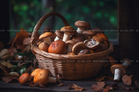 Mushroom autumn boletus in wicker basket. Generate ai. Стоковое AI-изображение, AI-художник Иван Рябоконь / Фотобанк Лори