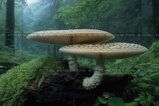 Mushrooms in the foggy forest on a stump. Стоковое AI-изображение, AI-художник Евгений Харитонов / Фотобанк Лори