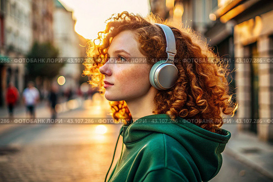 Music lover. A young beautiful curly-haired woman listens to music with headphones on the evening street of the city at sunset. Peace, harmony, relaxation and relaxation. Стоковое AI-изображение, AI-художник Photojuli / Фотобанк Лори