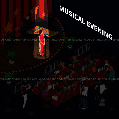 Musical evening isometric composition with female singer on scene performing romance song to accompaniment of piano vector illustration. Стоковая иллюстрация, агентство Ingram Publishing / Фотобанк Лори