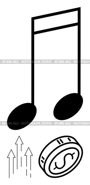 Musical note with coin symbolizes music industry revenues. Rising arrows represent growth in profits. Ideal for music business success, financial growth, charts, statistics, marketing, investment. Economic growth in music industry symbolized by rising arrows and musical note with coin. Стоковая иллюстрация, агентство Ingram Publishing / Фотобанк Лори