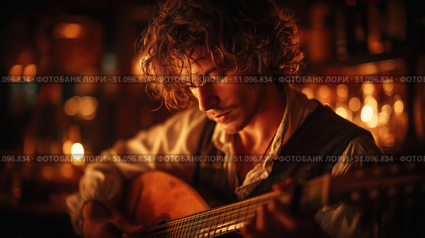 Musician plays haunting melody in medieval tavern filled with warm candlelight. Стоковое AI-изображение, AI-художник Ксения Лаптева / Фотобанк Лори