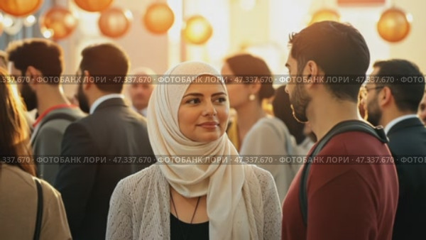 Muslim couple chatting at a crowded event. Стоковое AI-видео, аниматор Юрий Поздников / Фотобанк Лори
