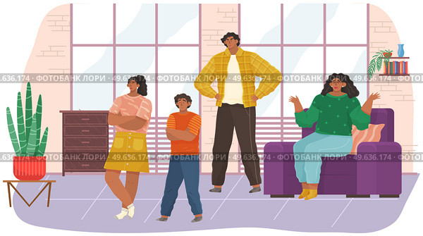 Mutual relations of parents and children, mom and dad scream and scold their naughty children, negative teenagers emotions. Family conflict. Angry parents and sad child, problems in education. Mutual relations of parents and children, mom and dad scream and scold their naughty children. Стоковая иллюстрация, агентство Ingram Publishing / Фотобанк Лори