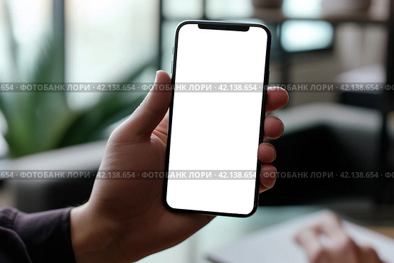 Мужчина держит смартфон, крупным планом руки. Смартфон с белым пустым экраном. Generative AI. Стоковое AI-изображение, AI-художник Щеголева Ольга / Фотобанк Лори