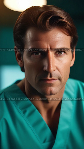 Мужчина хирург в операционной.А male surgeon in operating room.American clinic. Стоковое AI-изображение, AI-художник Галина Беляева / Фотобанк Лори