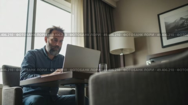 Мужчина работает за ноутбуком из номера отеля - фриланс, работа по миру, концепция работы без границ. Стоковое AI-видео, аниматор Денис Костров / Фотобанк Лори