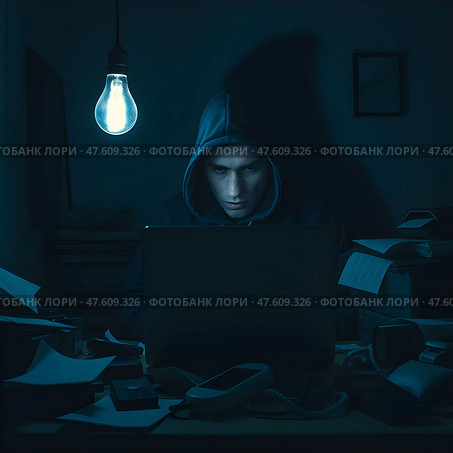 Мужчина с ноутбуком в комнате с лампой. Стоковое AI-изображение, AI-художник Boostport / Фотобанк Лори