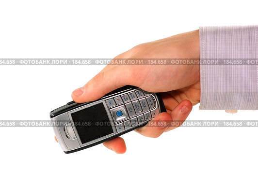 Мужская рука с телефоном на белом фоне. Hand  isolated on a white background. Стоковое фото, фотограф Катыкин Сергей / Фотобанк Лори