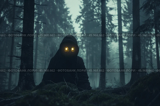 Mysterious figure lurking in dark forest wearing glowing glasses. Стоковое AI-изображение, AI-художник Иван Рябоконь / Фотобанк Лори