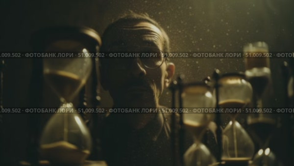 Mysterious figure observes sand timers in dimly lit room revealing themes of time and reflection. Стоковое AI-видео, аниматор Сергей Толмачёв / Фотобанк Лори