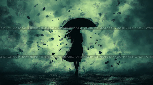 Mysterious figure with an umbrella in a stormy green landscape. Таинственная фигура с зонтиком. Стоковое AI-изображение, AI-художник Katsiaryna Repich / Фотобанк Лори