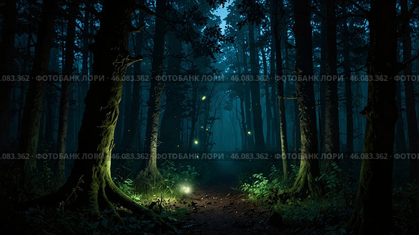 Mysterious forest illuminated by fireflies during a moonlit night. Стоковое AI-изображение, AI-художник Сергей Толмачёв / Фотобанк Лори
