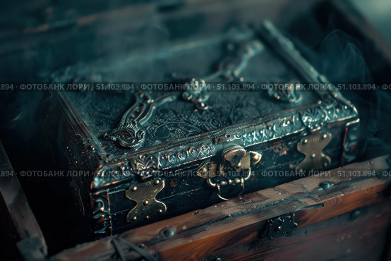 Mysterious ornate box emerging from smoke in antique chest. Стоковое AI-изображение, AI-художник Иван Рябоконь / Фотобанк Лори