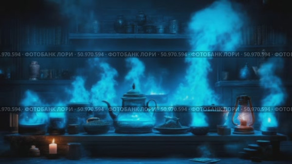 Mysterious potion brewing scene illuminated by vibrant blue ethereal smoke in a dimly lit arcane study. Стоковое AI-видео, аниматор Данила Большаков / Фотобанк Лори