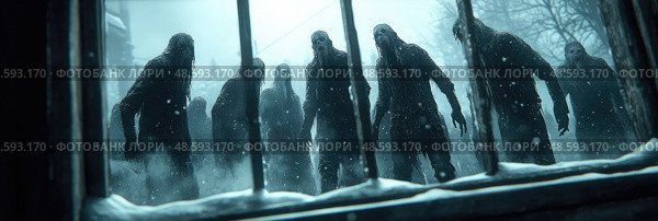 Mysterious shadowy figures gather in a snowy landscape, shrouded by darkness as twilight descends, evoking an unsettling and eerie mood. Стоковое AI-изображение, AI-художник Данила Большаков / Фотобанк Лори