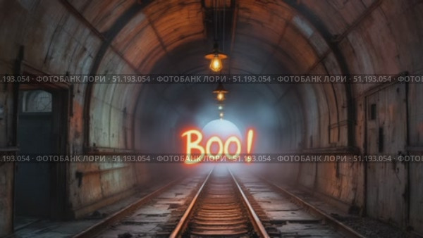 Mysterious tunnel scene with glowing text 'Boo!' creating an eerie atmosphere and suspense. Стоковое AI-видео, аниматор Данил Руденко / Фотобанк Лори