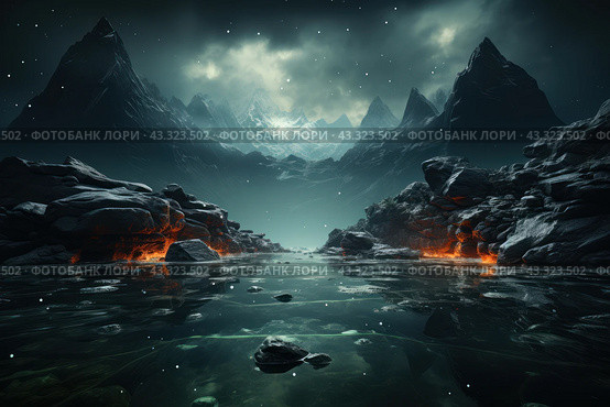 Mystical landscape of a mountain lake surrounded by majestic rocks and snow-capped peaks. The water in the lake is dark and calm, reflecting the surrounding mountains and sky. Hot lava rocks are visible in the foreground, creating a striking contrast with the cold water and snow-capped mountains. Rare snowflakes are visible in the sky, which adds a feeling of coldness and mystery to the picture. The atmosphere of the image is breathtaking and evokes a sense of admiration for natural power. Стоковое AI-изображение, AI-художник Анна Кривицкая / Фотобанк Лори