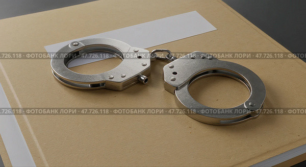 На столе лежат наручники, символизирующие правопорядок и соблюдение законов. В этом месте решаются судьбы людей, оспариваются правонарушения и выносятся приговоры. Стоковое AI-изображение, AI-художник Сергей Никифоров-Гордеев / Фотобанк Лори