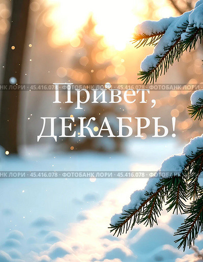 Надпись "Привет, декабрь" на фоне зимнего леса. Заснеженные ветки деревьев. Стоковое AI-изображение, AI-художник Оксана / Фотобанк Лори