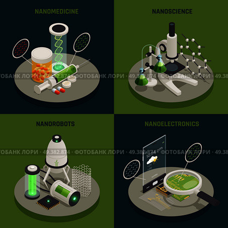 Nanotechnology 4 isometric icons square concept with nanomedicine nanoscience nanoelectronics and nanorobots applications isolated vector illustration . Nanotechnology 4 Isometric Icons Concept . Стоковая иллюстрация, агентство Ingram Publishing / Фотобанк Лори