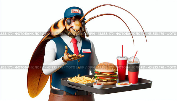 Насекомые работают в ресторане быстрого питания. Cockroach in Fast Food Restaurant. Стоковое AI-изображение, AI-художник Алексей Траст / Фотобанк Лори