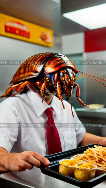 Насекомые работают в ресторане быстрого питания. Cockroach in Fast Food Restaurant. Стоковое AI-изображение, AI-художник Алексей Траст / Фотобанк Лори