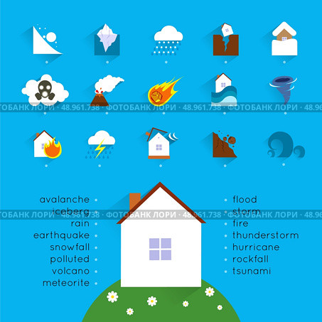 Natural disaster accident concept with danger icons set and house vector illustration. Стоковая иллюстрация, агентство Ingram Publishing / Фотобанк Лори