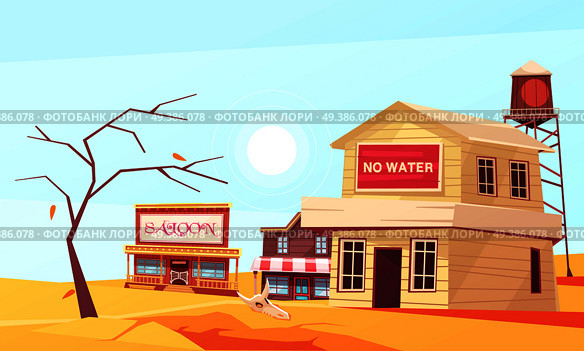 Natural disasters composition with village in desert suffering from drought with houses and dried up tree vector illustration. Drought State Flat Composition. Стоковая иллюстрация, агентство Ingram Publishing / Фотобанк Лори