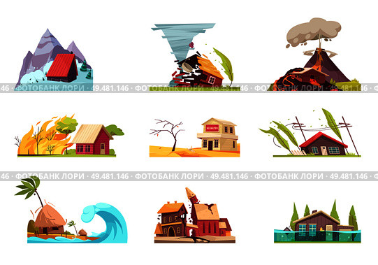 Natural disasters set of nine isolated images with outdoor compositions of living houses under different conditions vector illustration. Flat Environmental Incidents Set. Стоковая иллюстрация, агентство Ingram Publishing / Фотобанк Лори