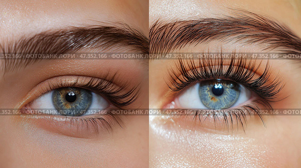 Natural Lashes vs Voluminous Extensions: A Striking Eye Transformation. Натуральные ресницы против объемного наращивания: Эффектное преображение глаз. Стоковое AI-изображение, AI-художник Katsiaryna Repich / Фотобанк Лори