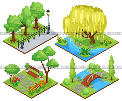 Natural park protected landscape recreation areas concept 4 isometric compositions with weeping willow flower beds vector illustration. Стоковая иллюстрация, агентство Ingram Publishing / Фотобанк Лори