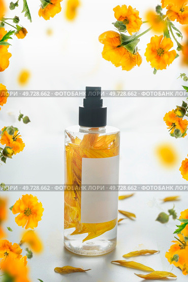 Natural perfume or essential oil spray bottle with yellow flowers at white background. Стоковое фото, агентство Ingram Publishing / Фотобанк Лори