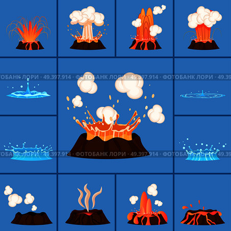 Natural phenomenas active volcano and blue geyser in action. Splash of hot lava, flowing magma, discarded steam under pressure. Powerful aqua fountain hot spring vector illustration in flat design. Concept of Active Volcano and Geyser in Action. Стоковая иллюстрация, агентство Ingram Publishing / Фотобанк Лори