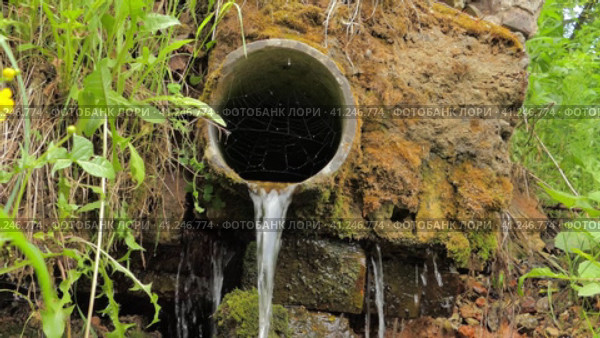 Natural spring. Spring water flows from a pipe in a stone wall in nature, in the mountains, in the forest. Природный источник. Родниковая вода течет из трубы в каменной стене на природе, в горах, в лесу. Стоковое видео, видеограф Egor Sarantstv / Фотобанк Лори