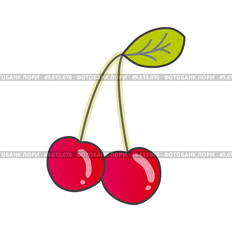 Naturalistic Drawn ripe double cherry on a branch with a leaf. Vector Illustration. Стоковая иллюстрация, агентство Ingram Publishing / Фотобанк Лори