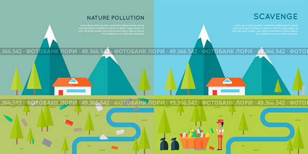 Nature pollution and scavenge concept vector. Flat style design. Two illustrations of same mountain landscape with house, trees, river first contaminated human waste and then cleaned by man. . Nature Pollution and Scavenge Concept Illustration. Nature Pollution and Scavenge Concept Illustration. Стоковая иллюстрация, агентство Ingram Publishing / Фотобанк Лори