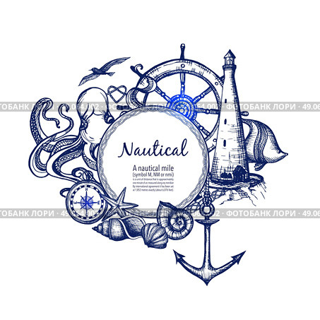 Nautical marine composition icon doodle . Nautical sea symbols composition doodle design with anchor compass and lighthouse in blue marine abstract vector illustration. Стоковая иллюстрация, агентство Ingram Publishing / Фотобанк Лори