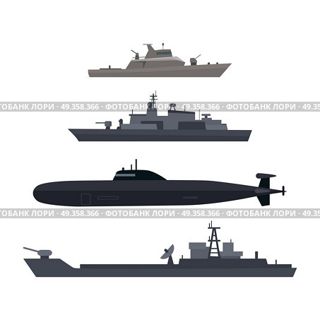 Naval Ships Set Military Ship or Boat Used by Navy. Naval ships set. Military ship or boat used by navy. Damage resilient and armed with weapon systems. Armament troop transport. Naval warfare. Termed warships to support shipyard operations. Vector. Стоковая иллюстрация, агентство Ingram Publishing / Фотобанк Лори
